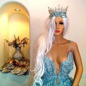 "AMALI" Turquoise & Silver Laser Cut Lace Crystal Medieval Crown Set